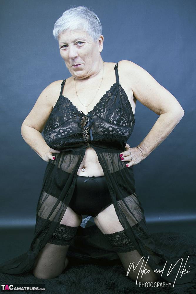 Fat old woman Savana models non nude in in black lingerie and sheer stockings - #8