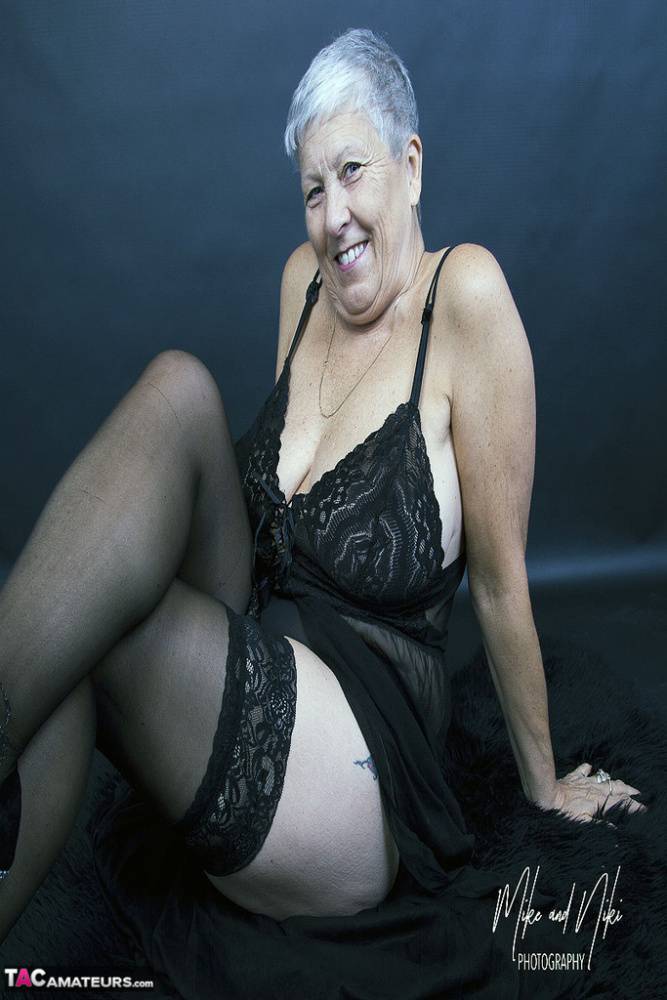 Fat old woman Savana models non nude in in black lingerie and sheer stockings - #13