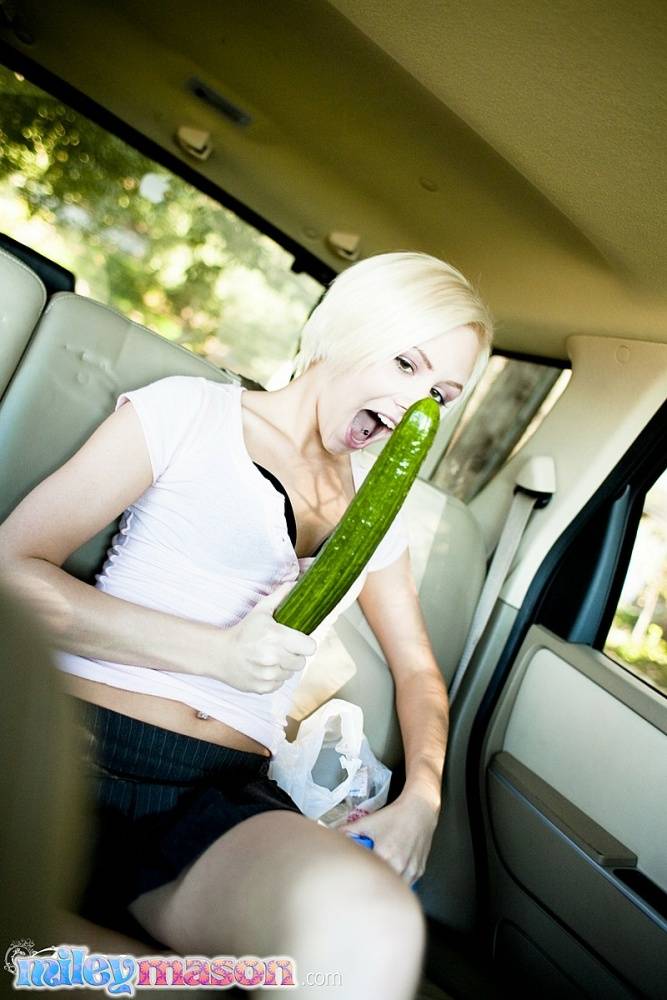 Blonde amateur Miley Mason slides a cucumber up her tight pussy inside a car - #11