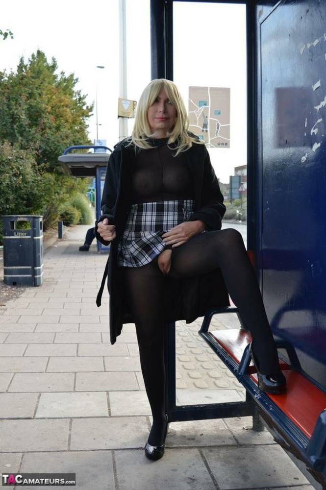 Older blonde Barby Slut flashes her pussy in public wearing crotchless hose - #13