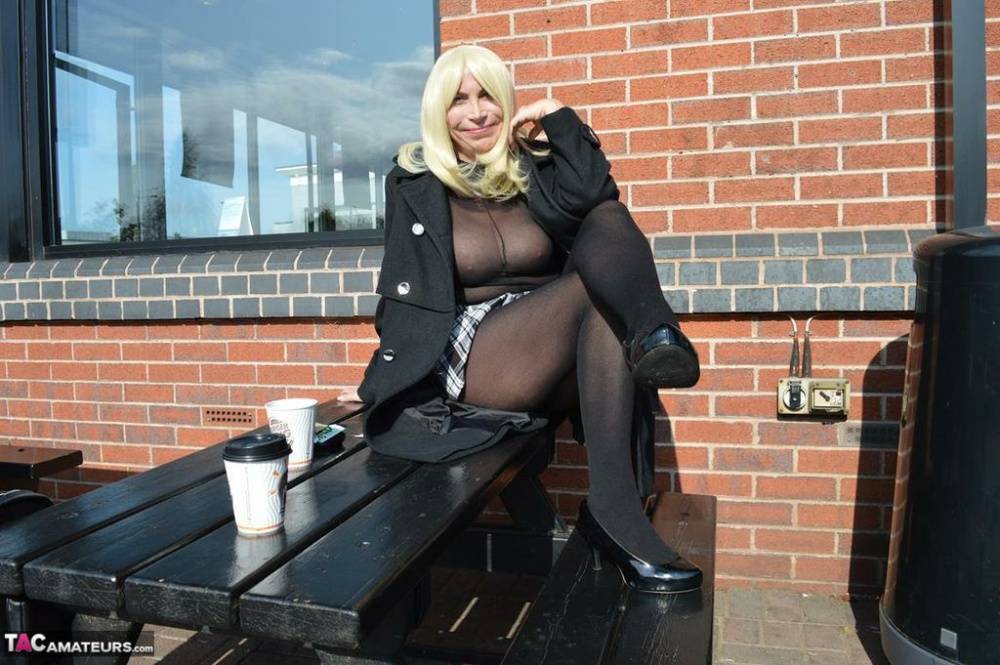 Older blonde Barby Slut flashes her pussy in public wearing crotchless hose - #12