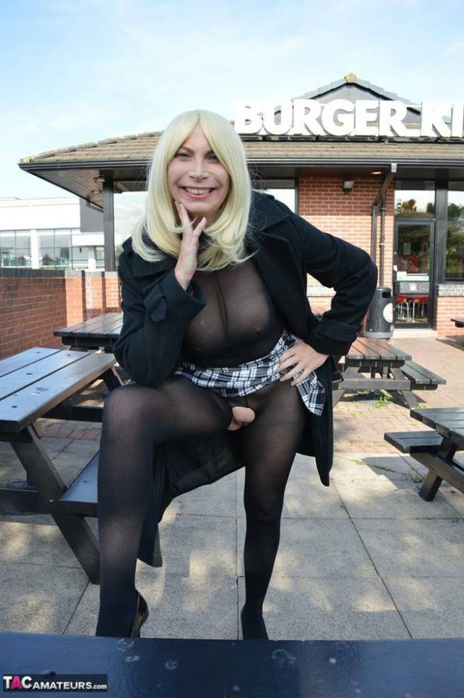 Older blonde Barby Slut flashes her pussy in public wearing crotchless hose - #5