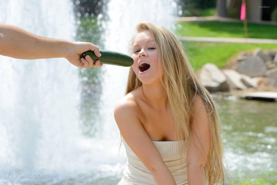 Blond teen inserts a cucumber in her twat after getting naked while walking - #8
