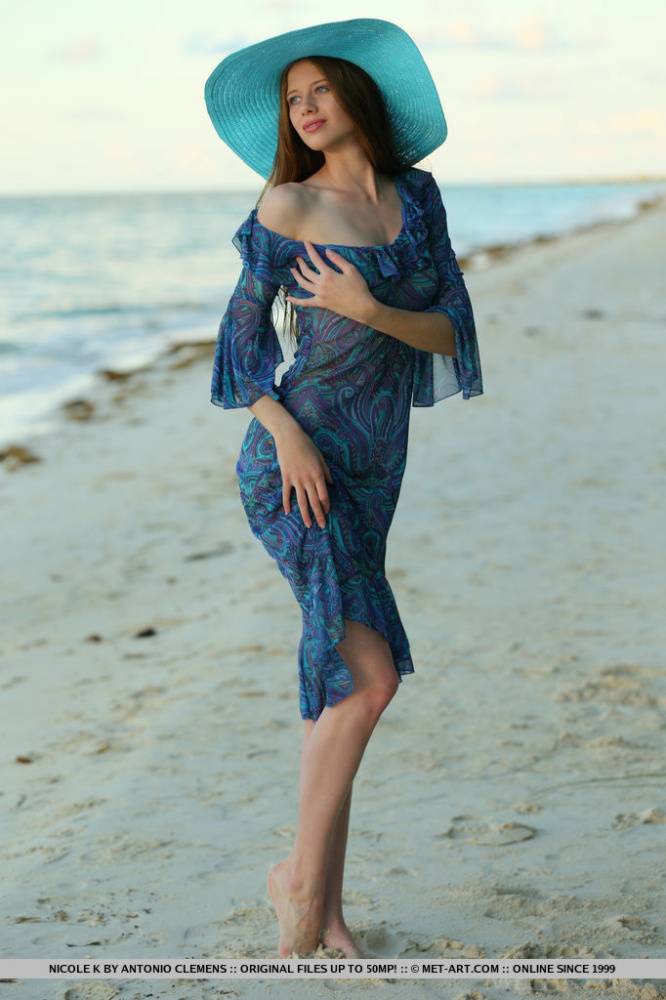 Teen beauty Nicole K modeling naked on beach wearing a sun hat - #7