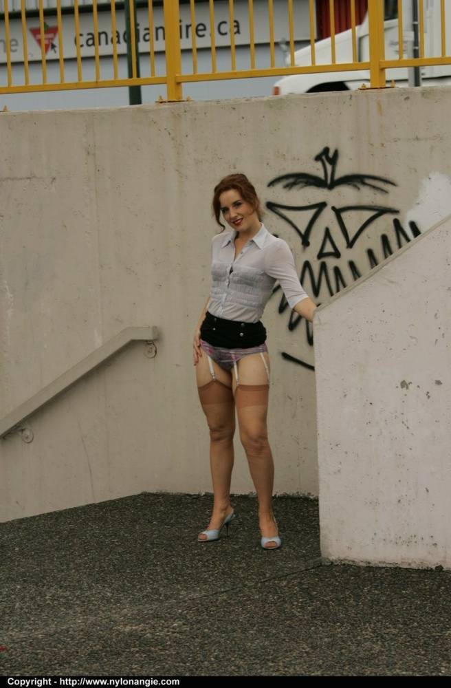 Older woman Dirty Angie takes a piss outdoors in retro nylons - #6