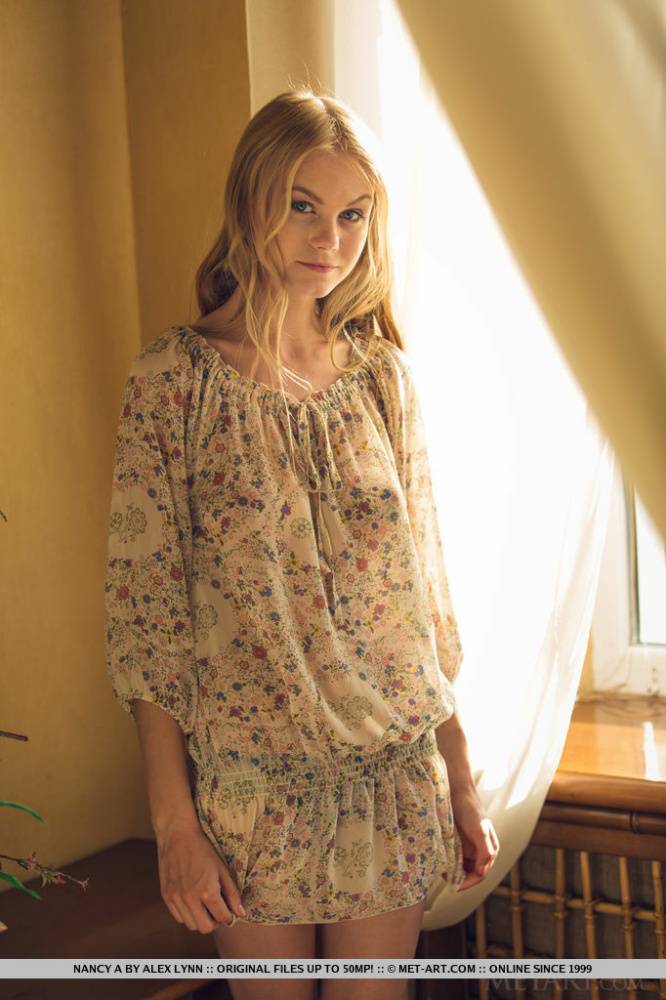 Cute blonde teen Nancy A slips off her floral dress to model naked - #11