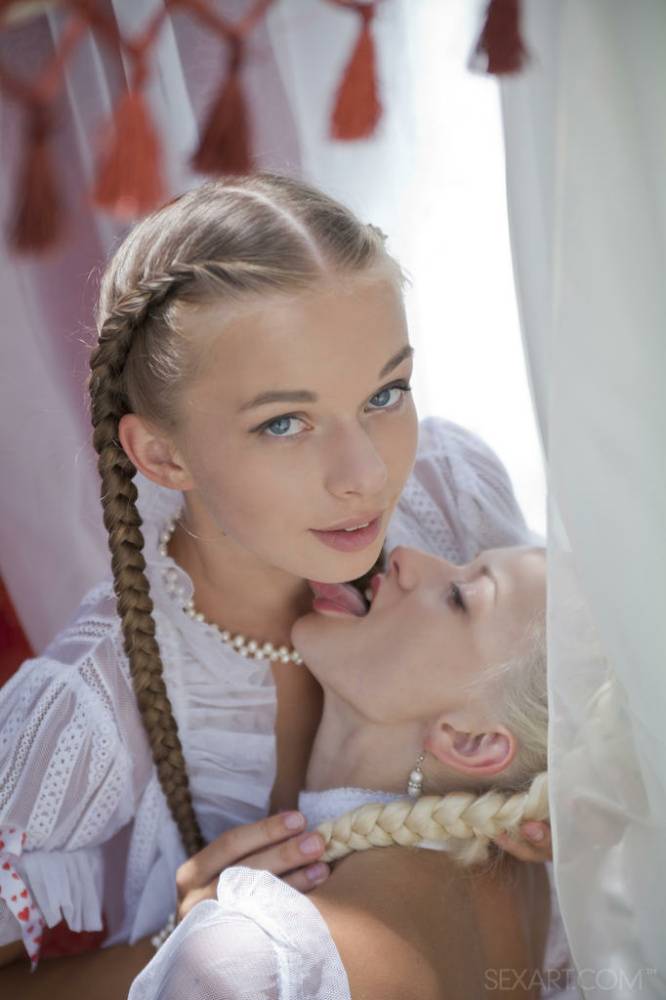 Skinny teen girls Milena D & Nika N in pigtails kiss & eat pussy outdoors - #1