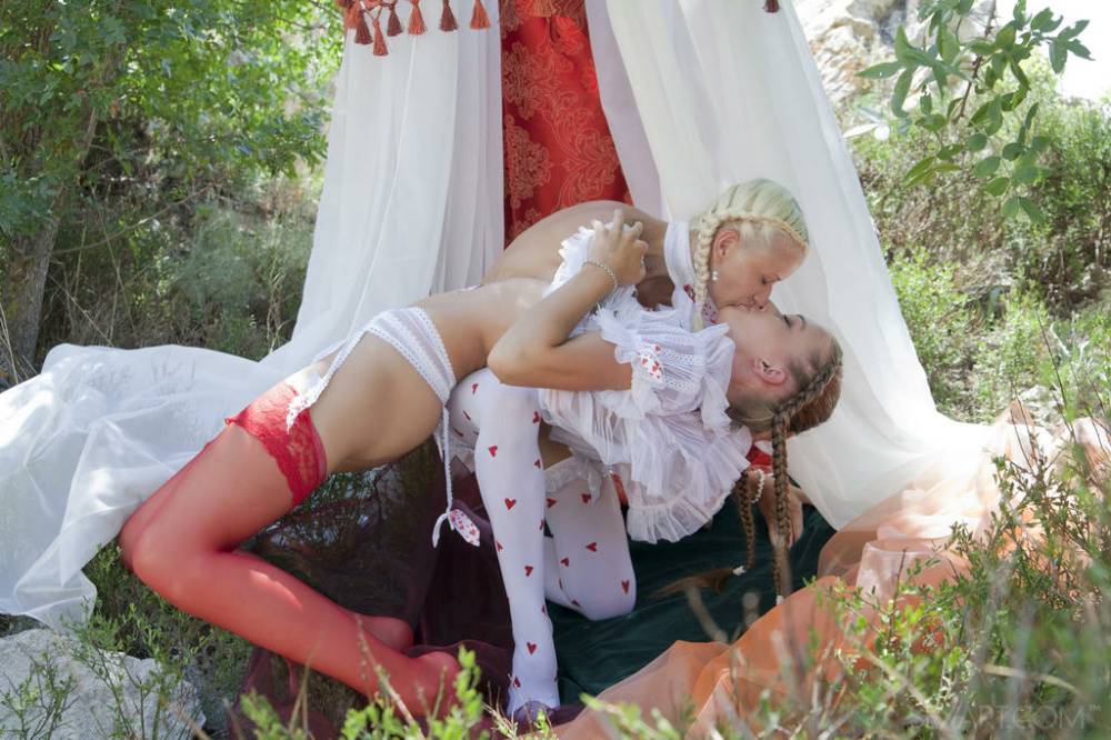Skinny teen girls Milena D & Nika N in pigtails kiss & eat pussy outdoors - #4