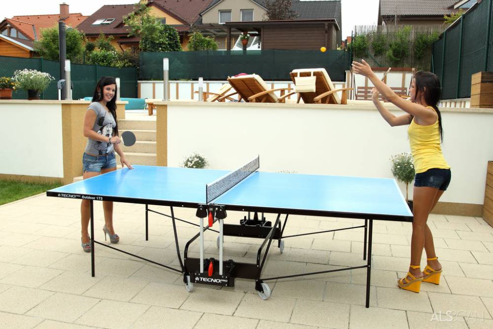 Teen lesbians Rihanna Samuel & Tanner Mayes stick ping pong rackets in twats - #3