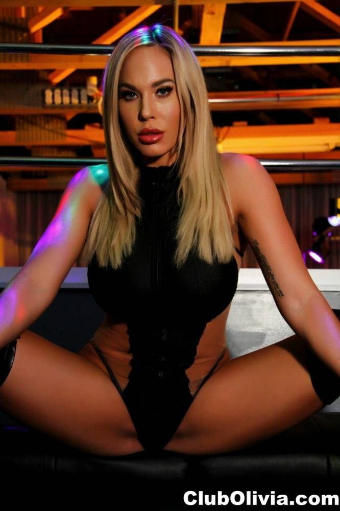 Hot blonde Olivia Austin models black lingerie while wearing OTK boots - #9