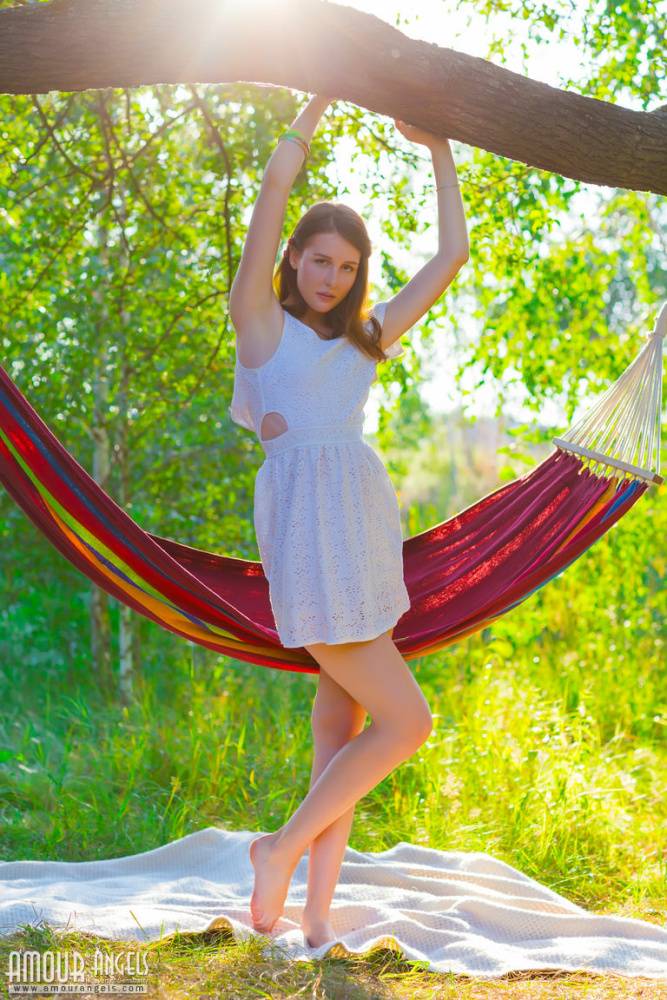 Sweet teen Alisa shows her perfect pussy outdoors on a hammock - #3
