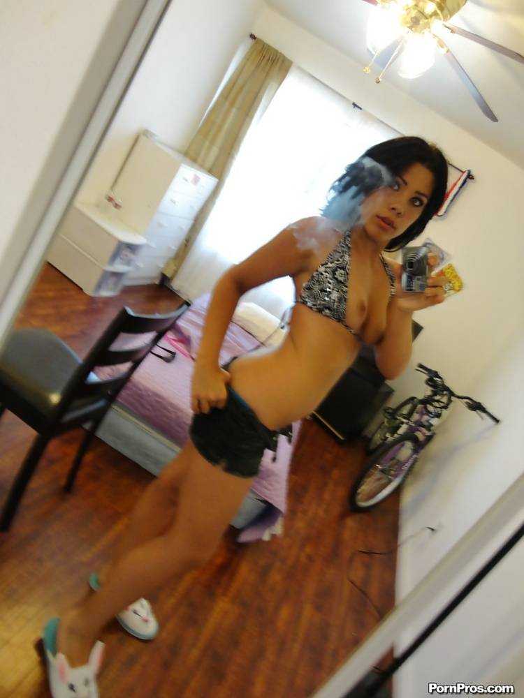 Sexy brunette with tiny tits Summer Stetson strips in front of a mirror - #9