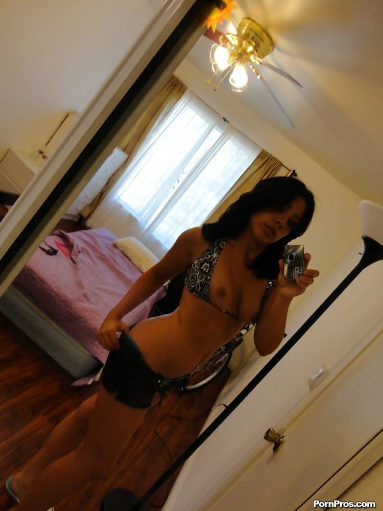 Sexy brunette with tiny tits Summer Stetson strips in front of a mirror - #16