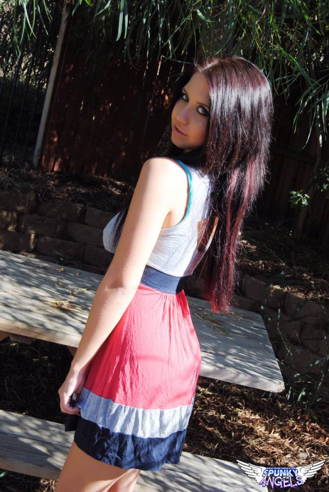 Amateur model Chrissy Marie works free off a dress on a backyard picnic table - #1