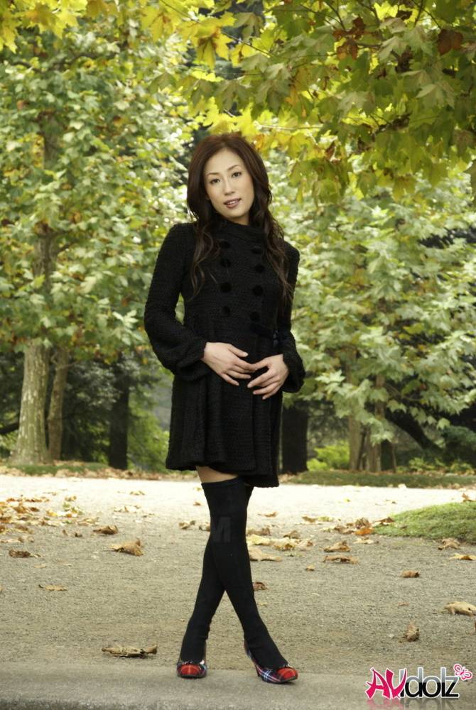 Fully clothed Japanese teen models in the park in black clothes and stockings - #8