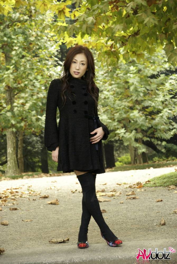 Fully clothed Japanese teen models in the park in black clothes and stockings - #4