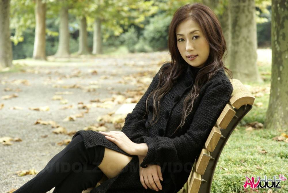 Fully clothed Japanese teen models in the park in black clothes and stockings - #6