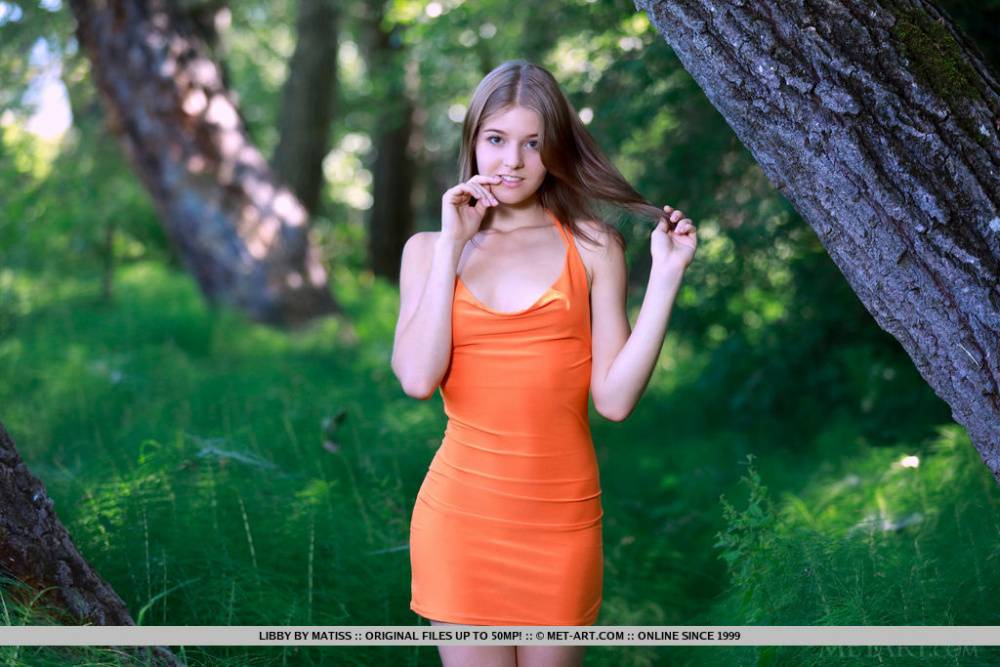 Pretty teen Libby doffs a tight dress for great nude poses in the woods - #2
