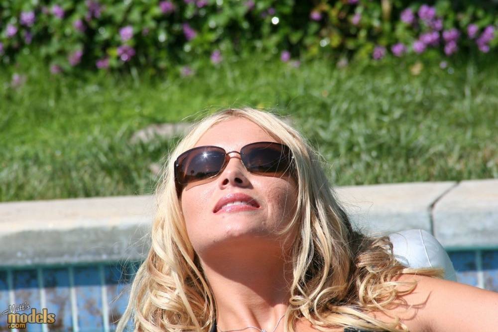Hot blonde Makayla takes off her bikini in pool with her sunglasses on - #8