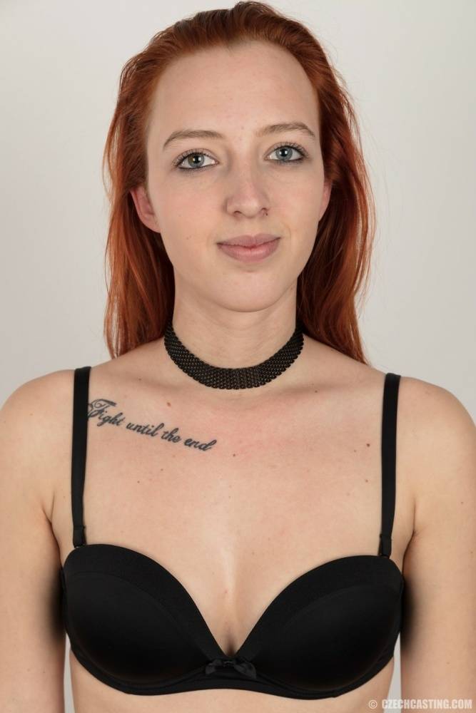 18 year old redhead wears a choker while stripping to a black thong - #3