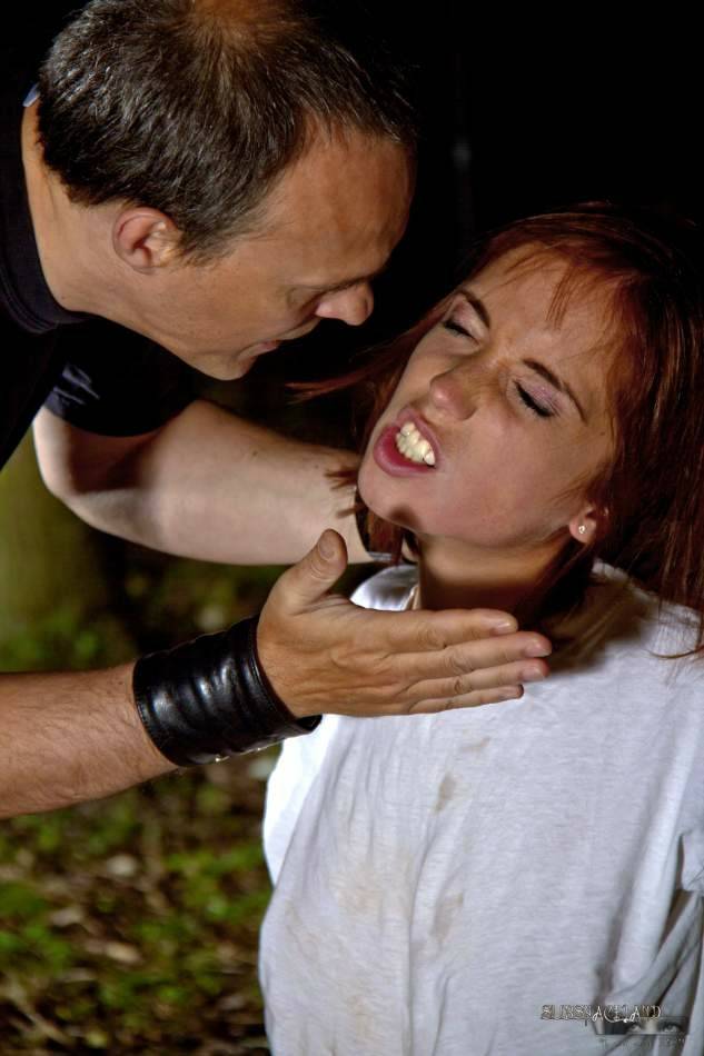 Skinny redhead teen endures extreme BDSM play in the forest at night - #9
