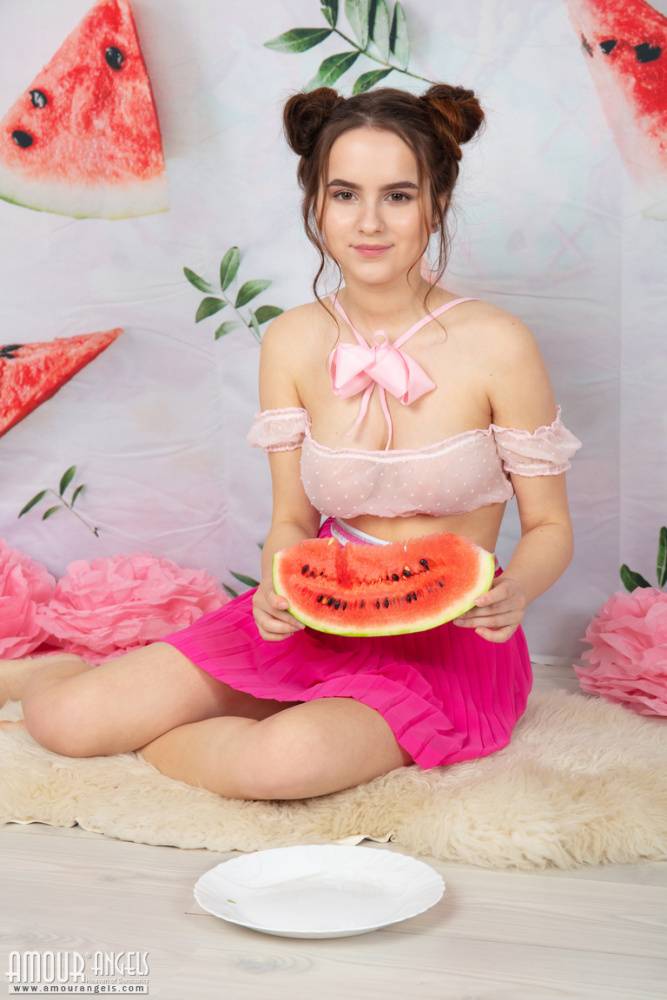 Young looking girl Wendy eats a hunk of watermelon while getting buck naked - #4