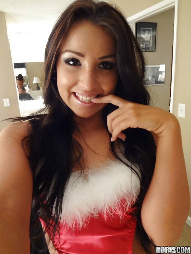 Playful brunette doxy in Christmas outfit uncovering her sexy body - #16