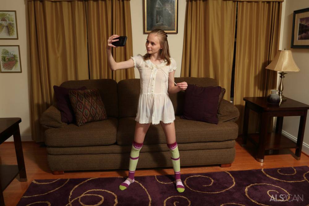 Adorable teen Alicia Williams takes a selfie before getting naked in OTK socks - #15