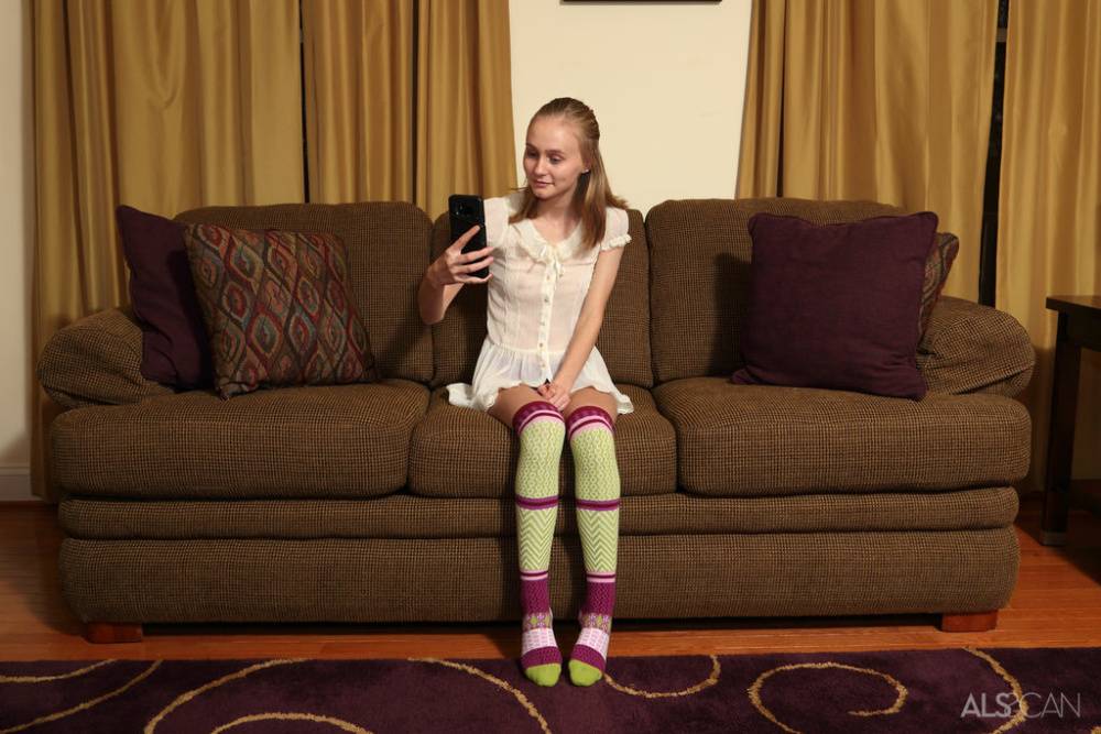 Adorable teen Alicia Williams takes a selfie before getting naked in OTK socks - #4