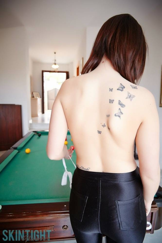 Hot girl Helen G goes topless on a pool table in skin tight pants - #2