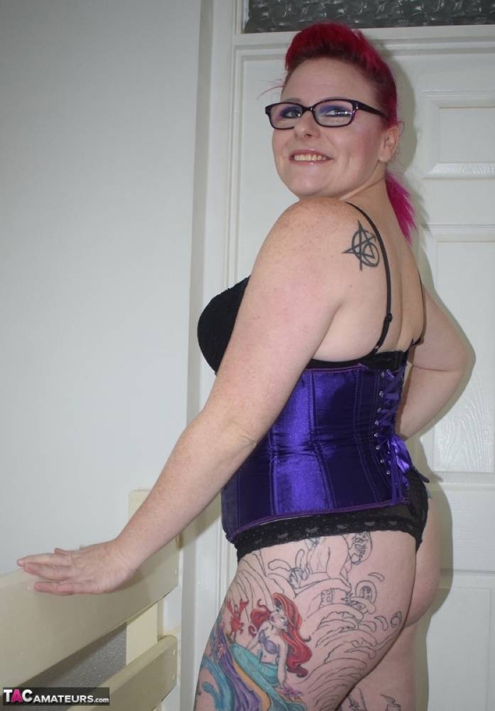 Tattooed chick Mollie Foxxx goes topless in a satin waist cincher and glasses - #16