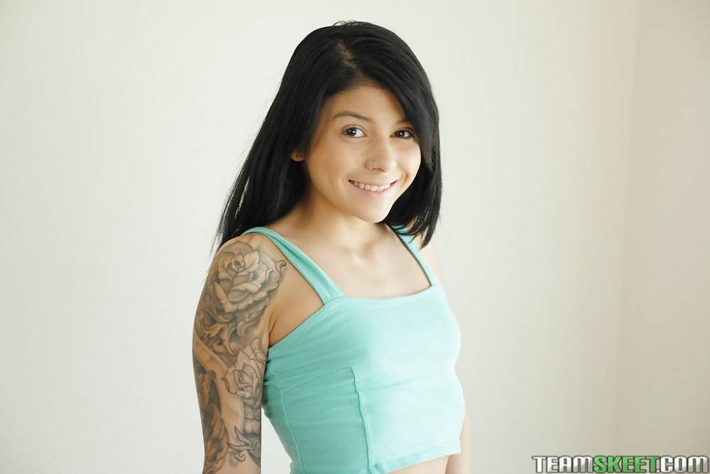 Dark haired Latina teenager Sadie Pop revealing flat chest and hard nipples - #16