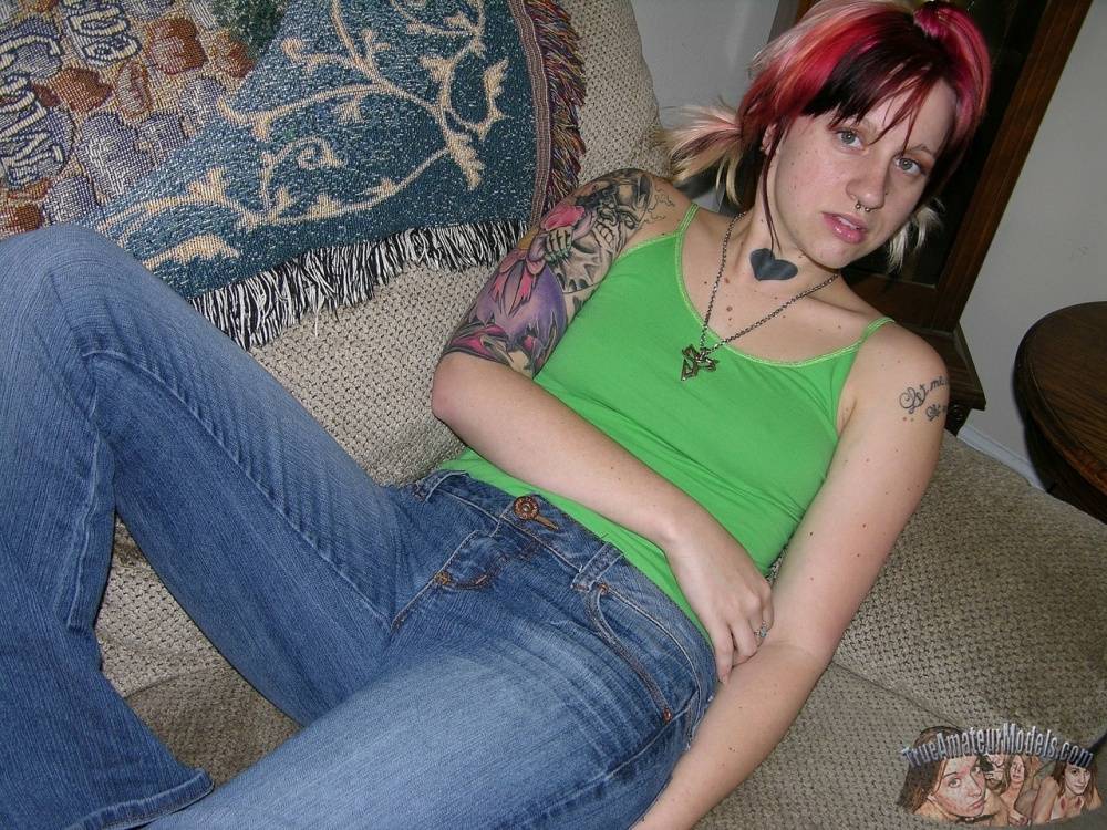 Amateur girl with piercings and dyed hair shows her natural pussy on love seat - #13