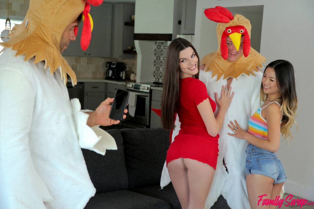 Fiona Frost and Lulu Chu get on top of men wearing chicken costumes - #5