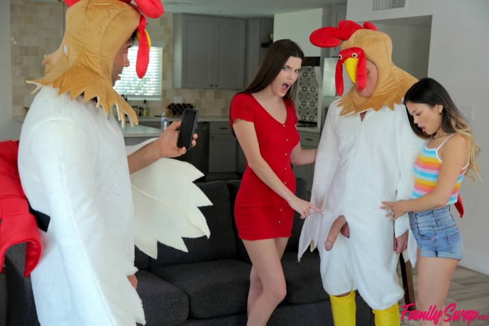 Fiona Frost and Lulu Chu get on top of men wearing chicken costumes - #15