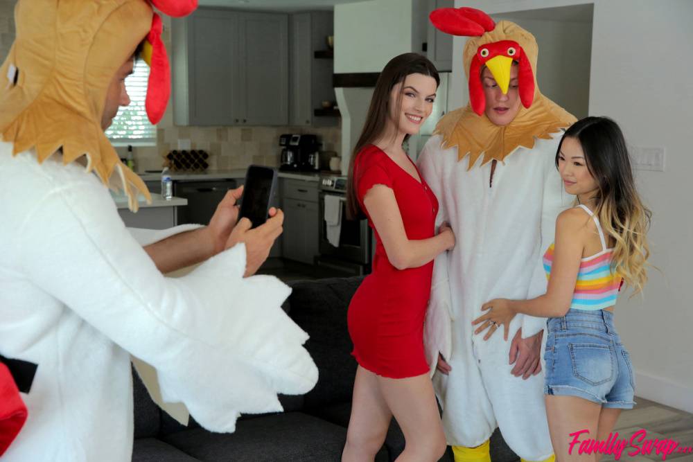 Fiona Frost and Lulu Chu get on top of men wearing chicken costumes - #10