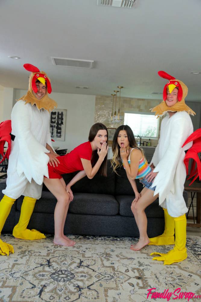 Fiona Frost and Lulu Chu get on top of men wearing chicken costumes - #8