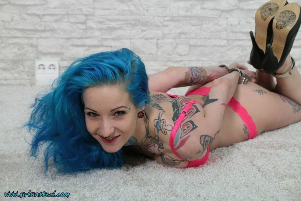 Tatted chick with blue hair is left hogtied in heels and her underwear - #13