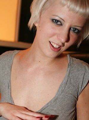 Short-haired blonde Cherry Torn revealing her big tits and shaved slit - #main