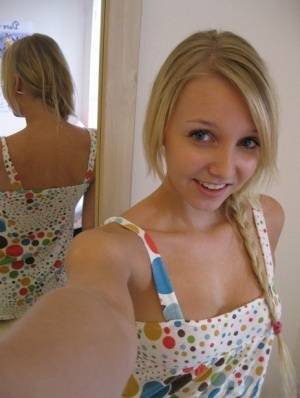 Blonde first timer exposes her tits and twat for self shots in the mirror - #main