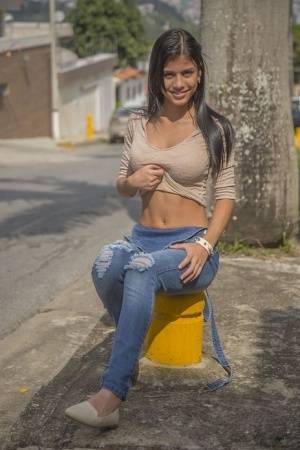 Clothed brunette teen Denisse Gomez shows off her pretty face in jean overalls - #main