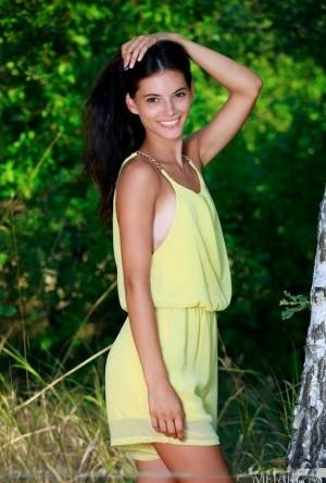 Nice teen Aleksandrina exposes her tan lined body by a hardwood tree - #main