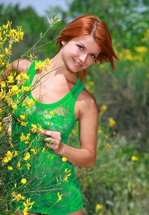 Beautiful redhead Violla A takes off short dress to get naked on a dirt path - #main