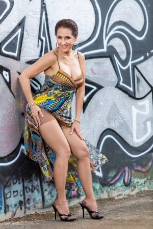 Mature wife Roni Ford removes dress and hose to model naked afore graffiti - #main