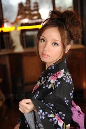Japanese teen with a pretty face models non nude in floral print kimono - #main