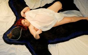 Fat redhead Black Widow AK models totally naked on a bearskin rug - #main