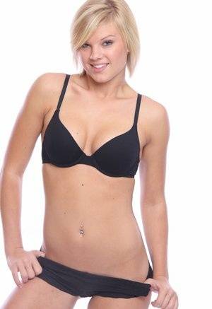 Blonde amateur Tiffany models in her black bra and panty set - #main