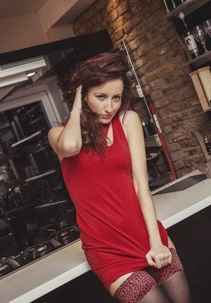 Glam model Sophia Smith doffs a red dress before removing sheer underwear on clubgf.com