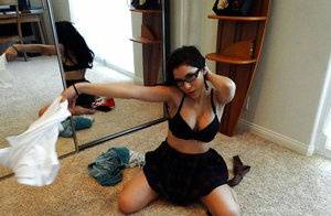 Amateur latina girlfriend Alexa Nicole in glasses strips for fucking on clubgf.com