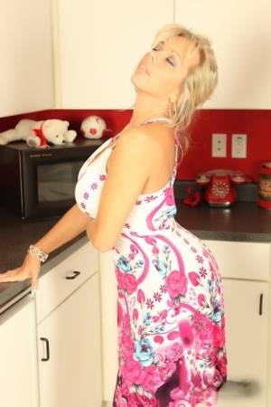 Big titted blonde Amber Lynn Bach toys her spread pussy in the kitchen on clubgf.com
